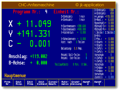 Dialogoberfl&auml;che der CNC-Anfasmaschine